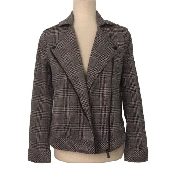 Two by Vince Camuto Moto Jacket XS Black White Check Plaid Blazer Zipper NEW - Picture 3 of 7